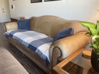 Vintage Rustic Camelback Leather Sofa