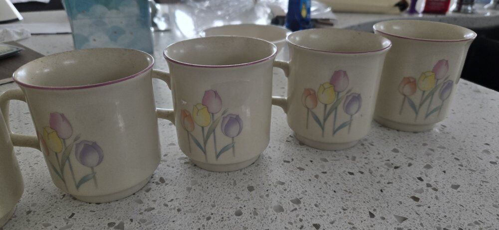 This is a Sango Tuliptime stoneware mug.