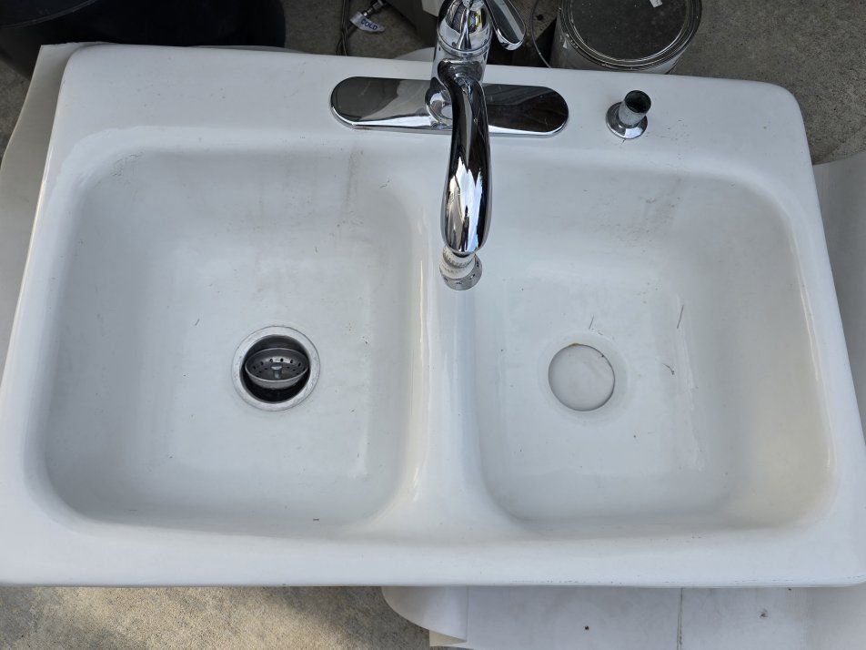 White Porcelain Double Basin Kitchen Sink with Moen Chrome Faucet - Used