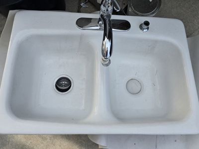 White Porcelain Double Basin Kitchen Sink with Moen Chrome Faucet - Used