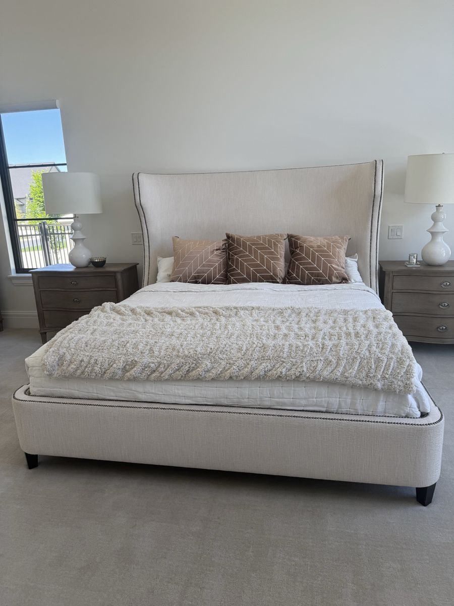 Bernhardt Wingback Upholstered King Bed Frame - Light Beige Fabric with Nailhead Trim