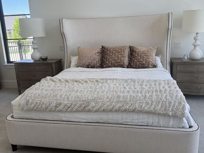 Bernhardt Wingback Upholstered King Bed Frame - Light Beige Fabric with Nailhead Trim