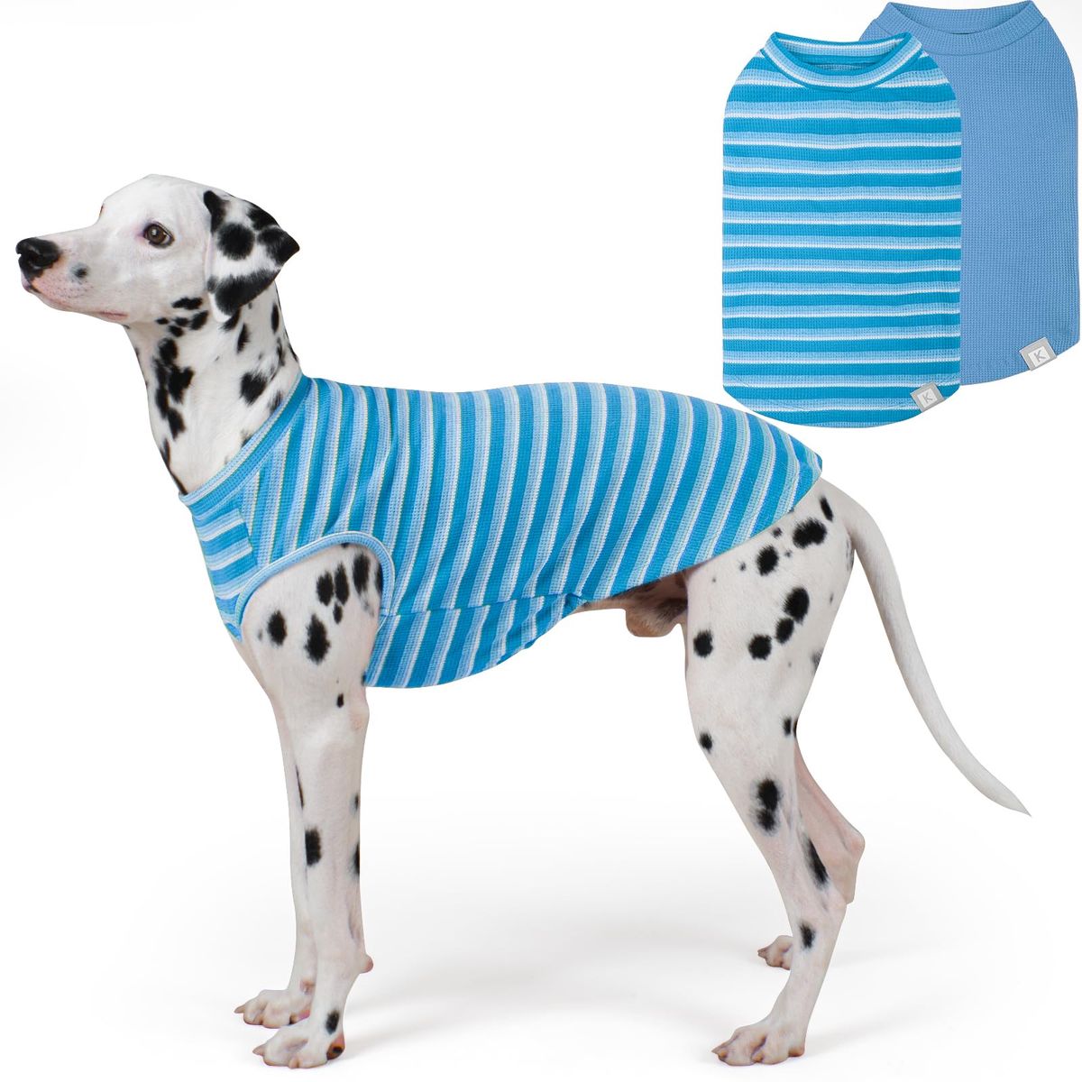 Kamlui 2-Pack Dog Shirts, Blue Striped & Solid Waffle Knit, Soft & Breathable Pet Clothes for Small Dogs