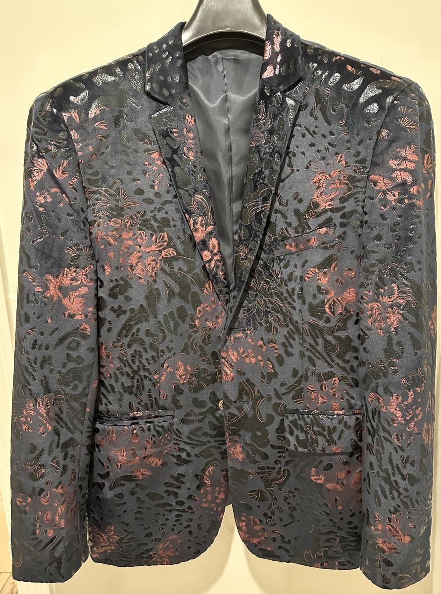 Men’s Floral Jacquard Sport Coat Dinner Jacket – Navy Burgundy – Slim Fit 34/36