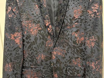 Men’s Floral Jacquard Sport Coat Dinner Jacket – Navy Burgundy – Slim Fit 34/36