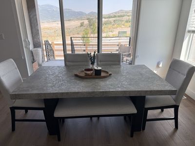 Modern Concrete Dining Table Set with 4 Chairs and Bench, Gray/Black
