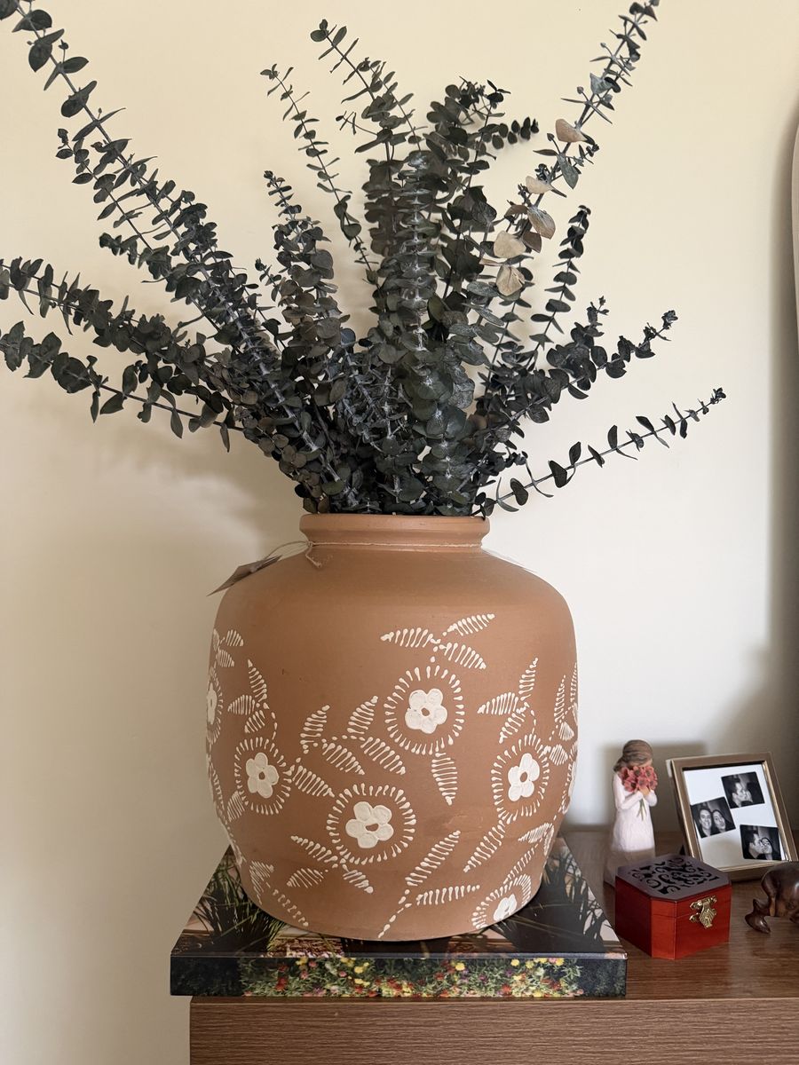 Terracotta Vase with Hand-Painted White Floral Design and Eucalyptus Branches