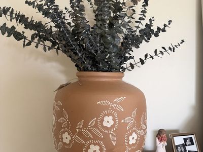 Terracotta Vase with Hand-Painted White Floral Design and Eucalyptus Branches