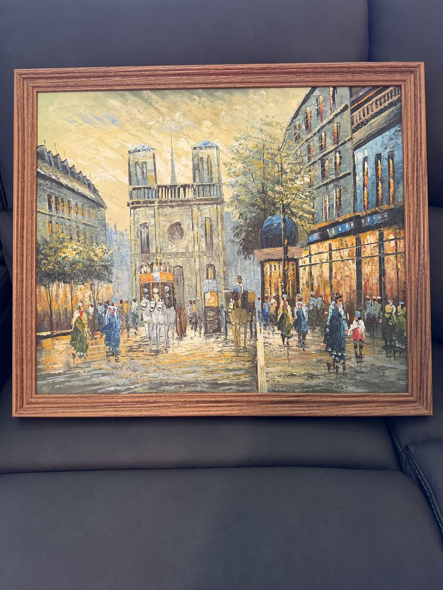 Original Oil Painting – Paris Notre-Dame Street Scene – Framed 27” x 23”