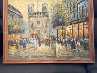 Original Oil Painting – Paris Notre-Dame Street Scene – Framed 27” x 23”