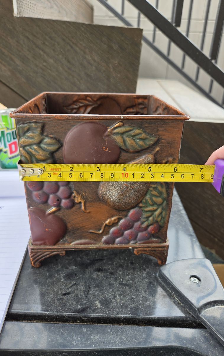 Vintage Embossed Metal Planter Box – 7" Square Tuscan Fruit Motif Cachepot