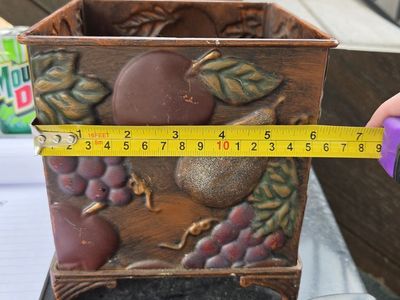 Vintage Embossed Metal Planter Box – 7" Square Tuscan Fruit Motif Cachepot