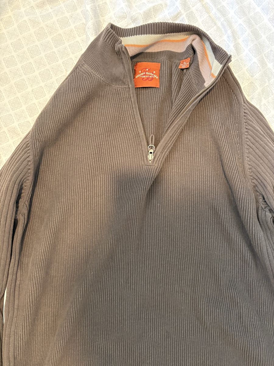 Tommy Bahama Denim Men's XL Gray 1/4 Zip Ribbed Pullover Sweater 100% Cotton