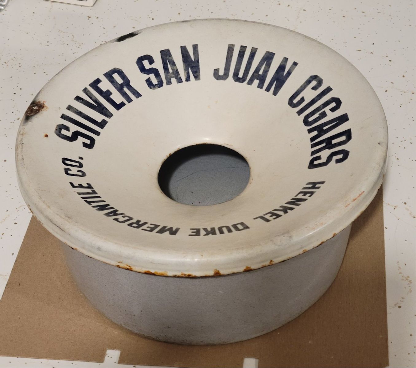 Vintage Silver San Juan Cigars Henkel Duke Mercantile Co Enamel Ashtray