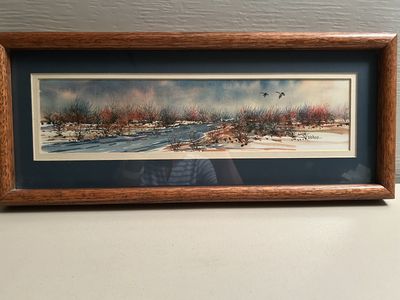 Framed Panoramic Landscape Original Watercolor Artwork – Signed “Bishop” (9"H x 20"W)