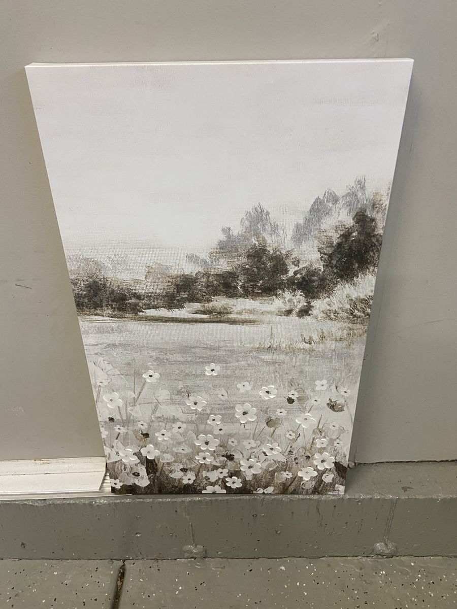 Canvas Wall Art -  Monochromatic Floral Landscape - Modern White Daisy Field Scene Home Decor