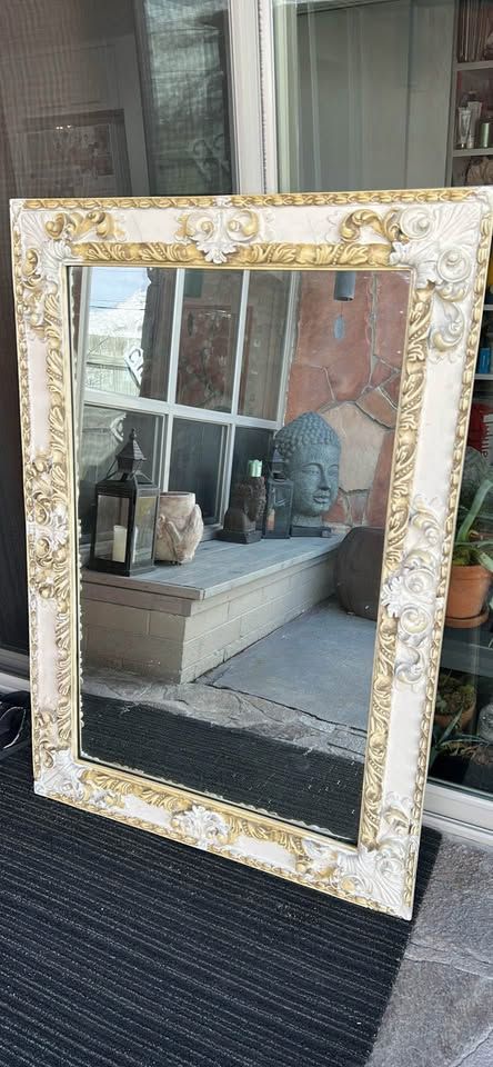 Vintage Large Plaster Wood Heavy White Gold Wall Mirror