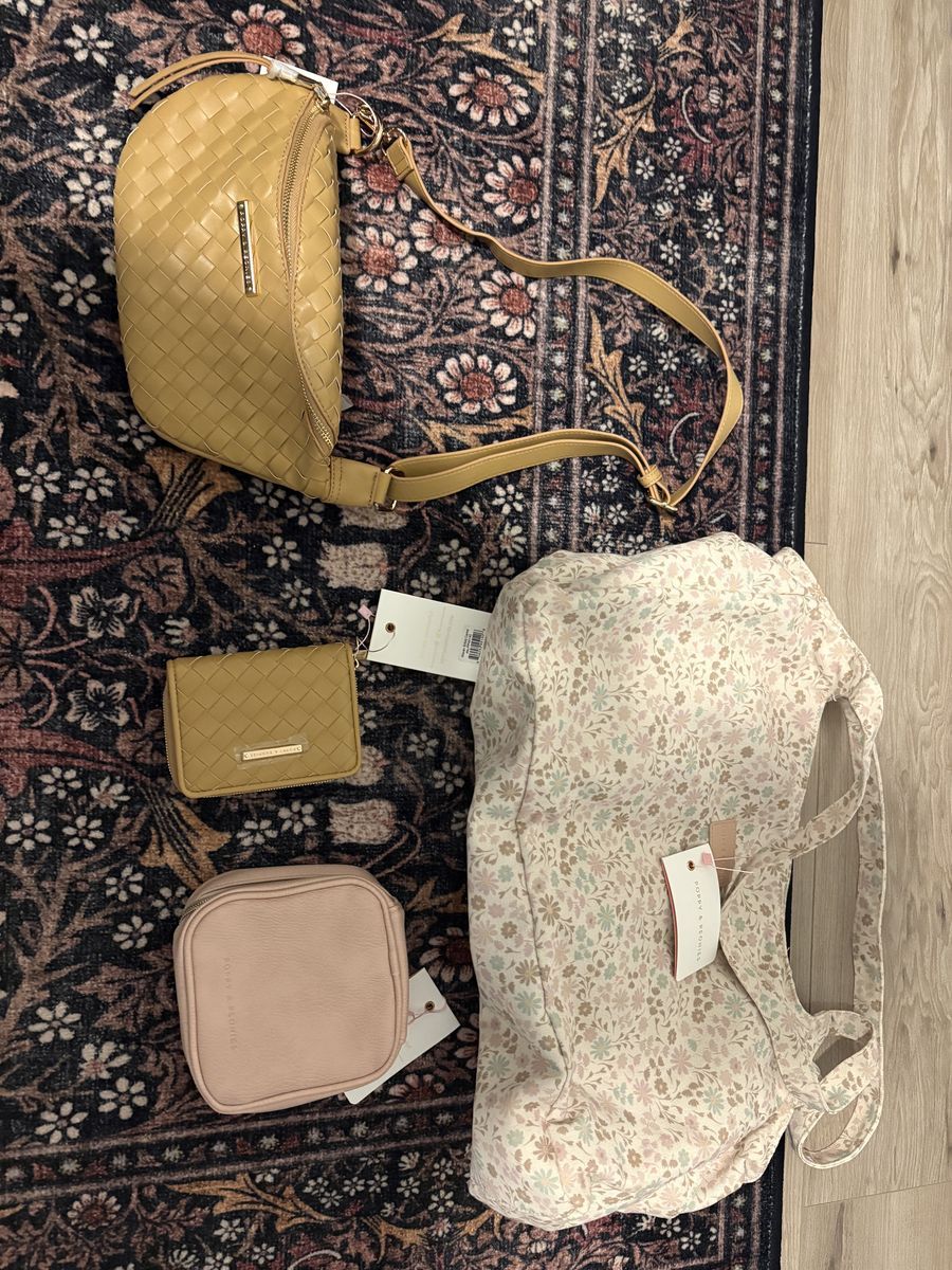 Poppy & Peonies Woven Sidekick Camel Crossbody Bag, Bifold Wallet, Tech bag, and Day Tote Set (New with Tags)