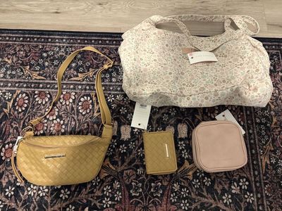 Poppy & Peonies Woven Sidekick Camel Crossbody Bag, Bifold Wallet, Tech bag, and Day Tote Set (New with Tags)