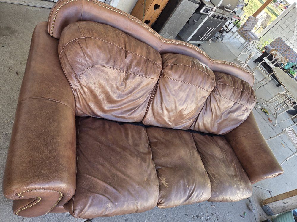 Brown Leather Sofa Couch Nailhead Trim, 3-Cushion, Distressed Look