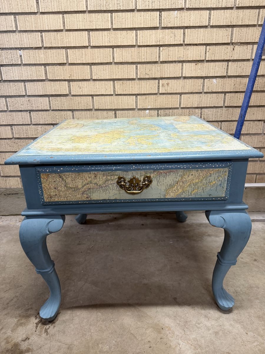 Vintage Hand-Painted Blue Map Decoupage Side Table with Drawer & Cabriole Legs