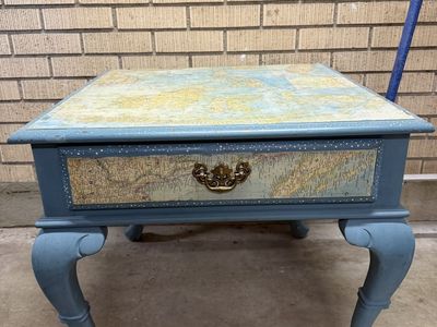 Vintage Hand-Painted Blue Map Decoupage Side Table with Drawer & Cabriole Legs