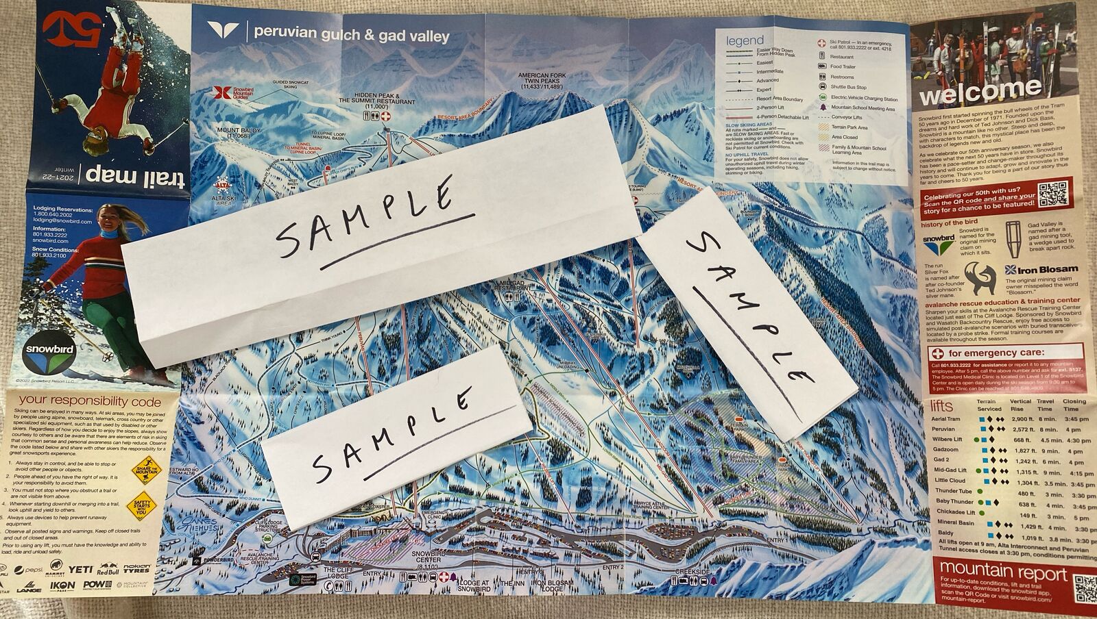 Snowbird Fold-up / Pocket TRAIL MAP - no longer produced - Ski and Summer Resort - 50th Anniv Edition