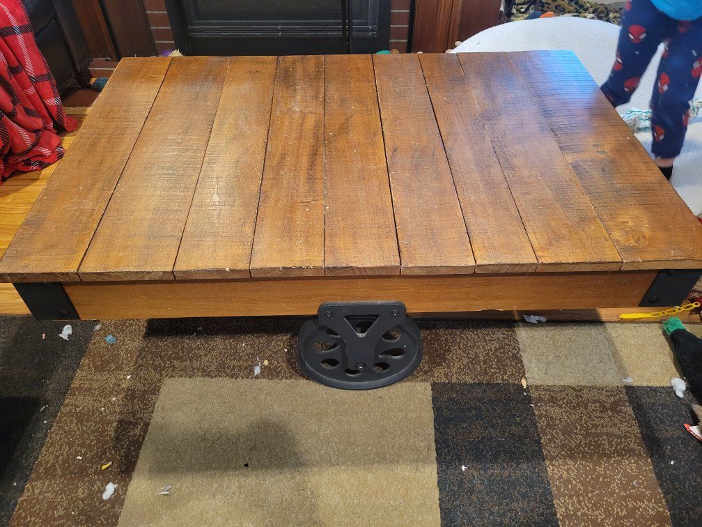 Rustic Wooden Coffee Table with Wheels