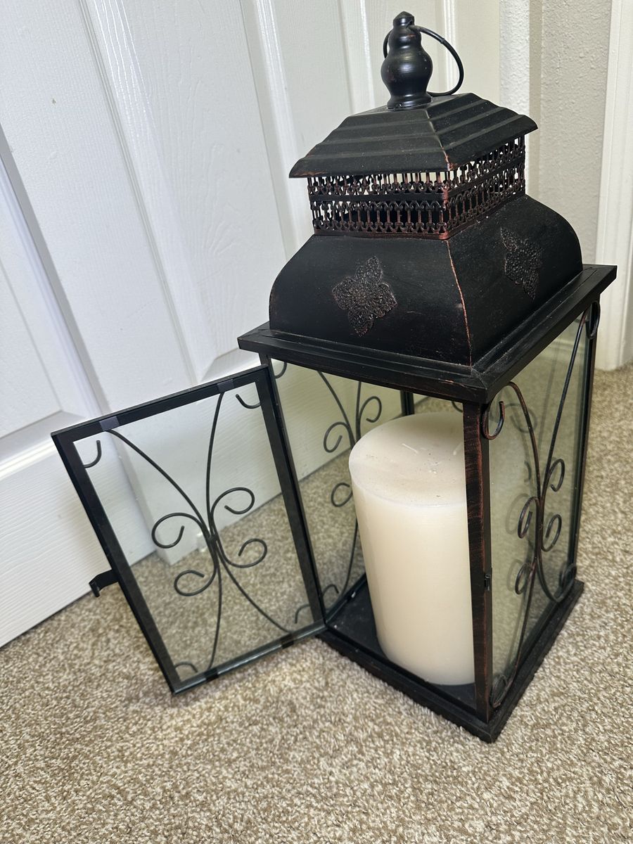 Large 23” Rustic Bronze Metal Candle Lantern – Indoor / Outdoor Patio Decor