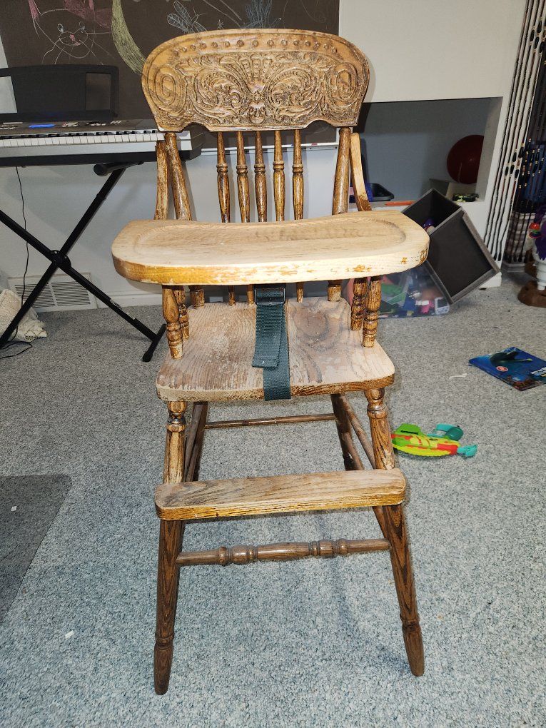 Vintage Wooden Baby High Chair with Tray and Safety Strap