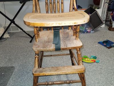 Vintage Wooden Baby High Chair with Tray and Safety Strap