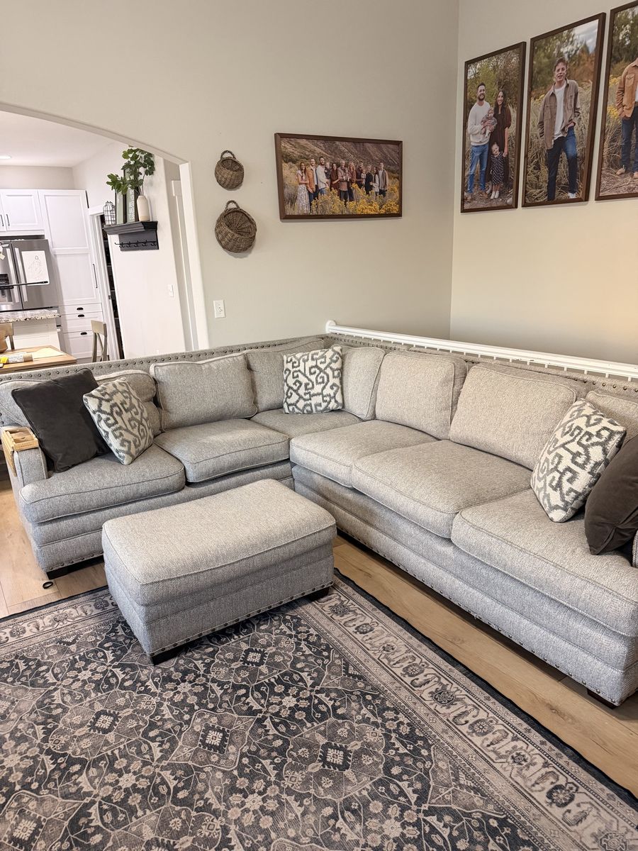 Universal Brand Sectional Sofa with Ottoman - Nailhead Trim, Excellent Condition