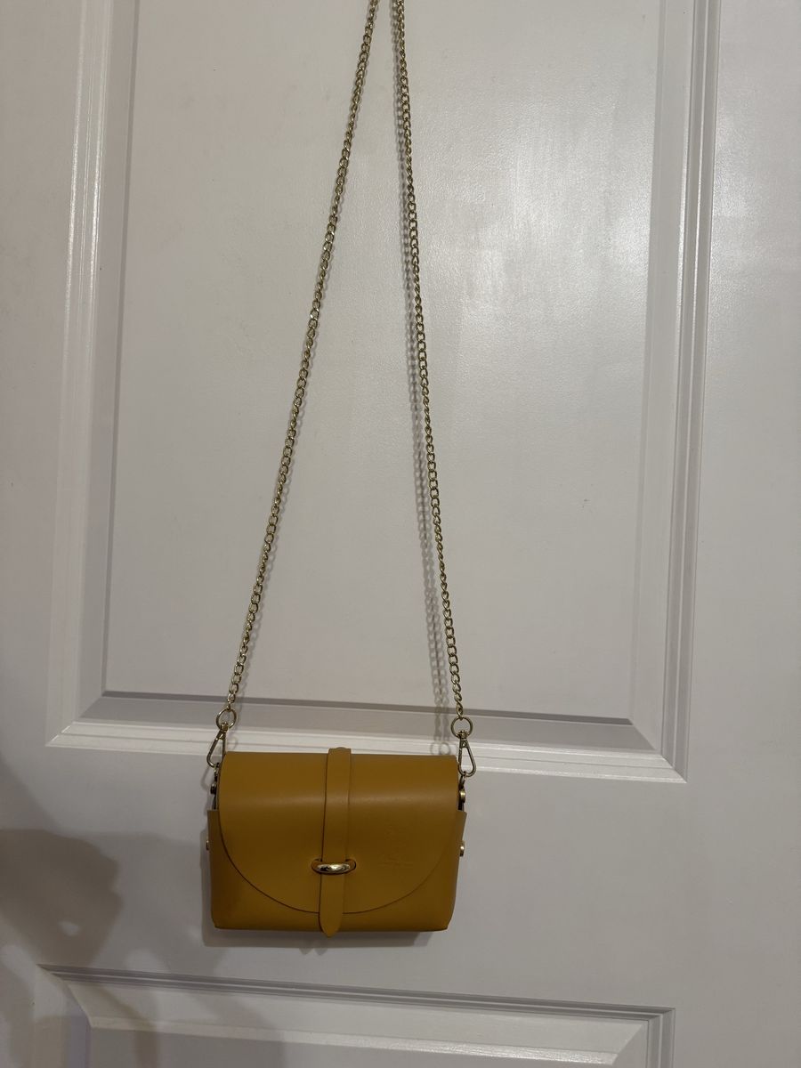 Vera Pelle Small Leather Crossbody Bag Made in Italy Gold Chain Strap Tan/Cognac