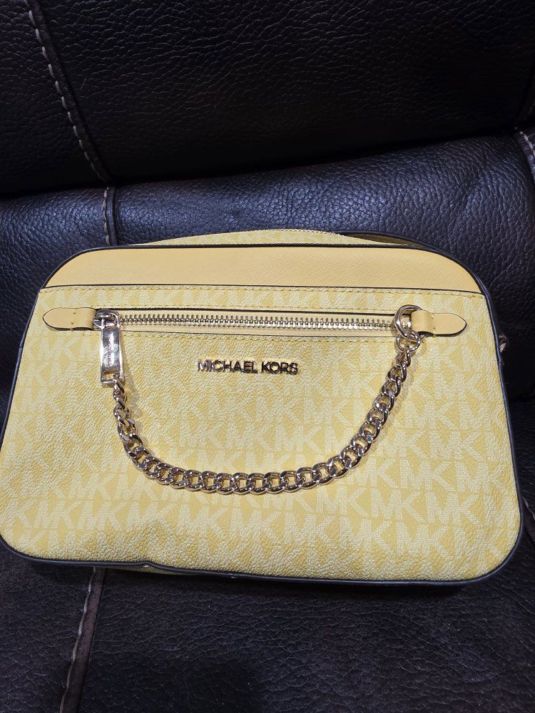 Michael Kors Monogram Shoulder Bag - Pale Yellow with Gold Chain Detail