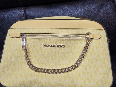 Michael Kors Monogram Shoulder Bag - Pale Yellow with Gold Chain Detail