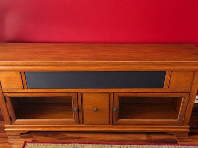 Wooden Media Console TV Stand with Glass Door Cabinets and Storage - Good Condition (PRICE NEGOTIABLE)