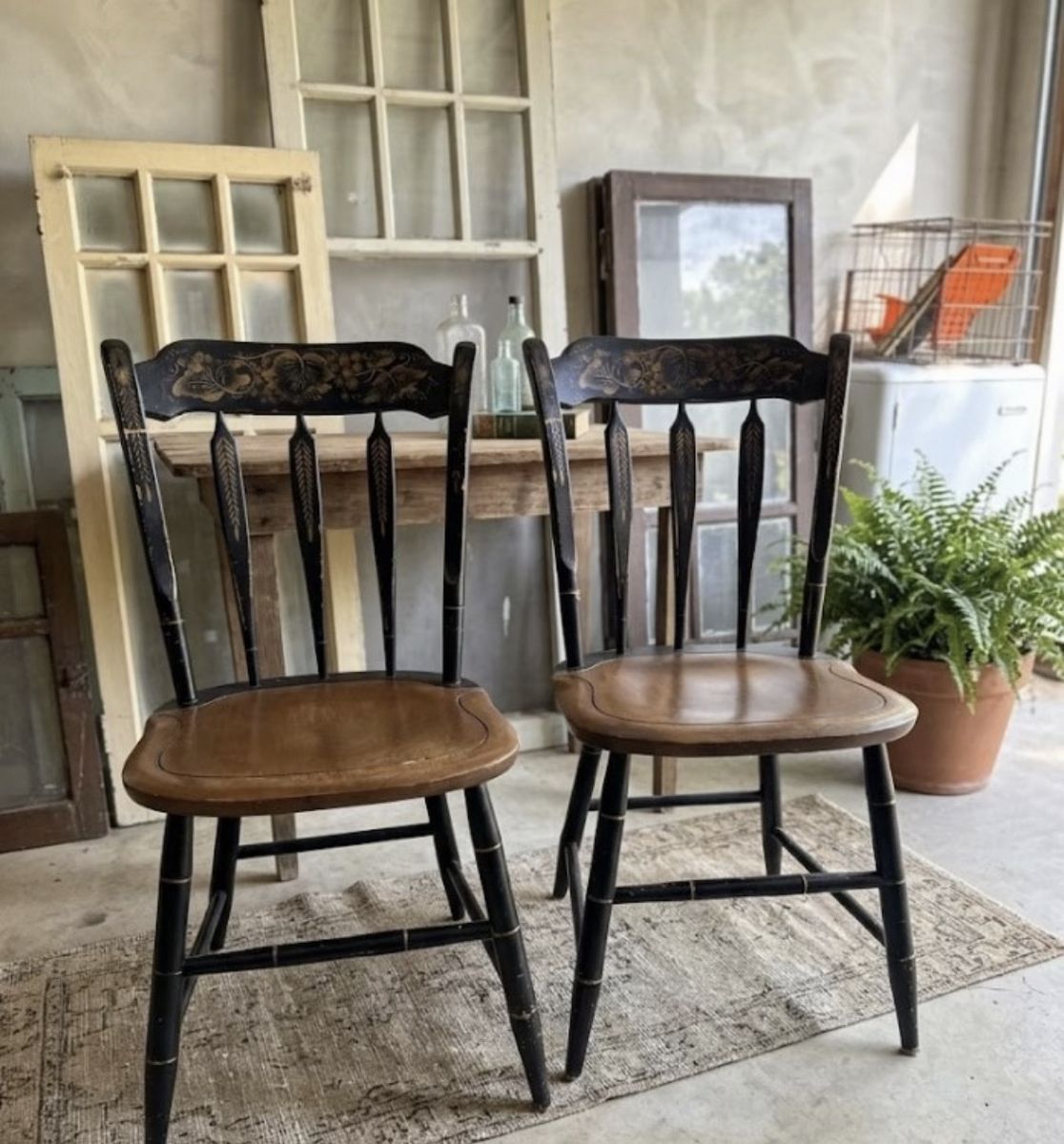 Vintage Hitchcock Hand-Painted Black and Wood Dining Chairs, Set of 2