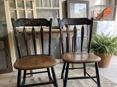 Vintage Hitchcock Hand-Painted Black and Wood Dining Chairs, Set of 2