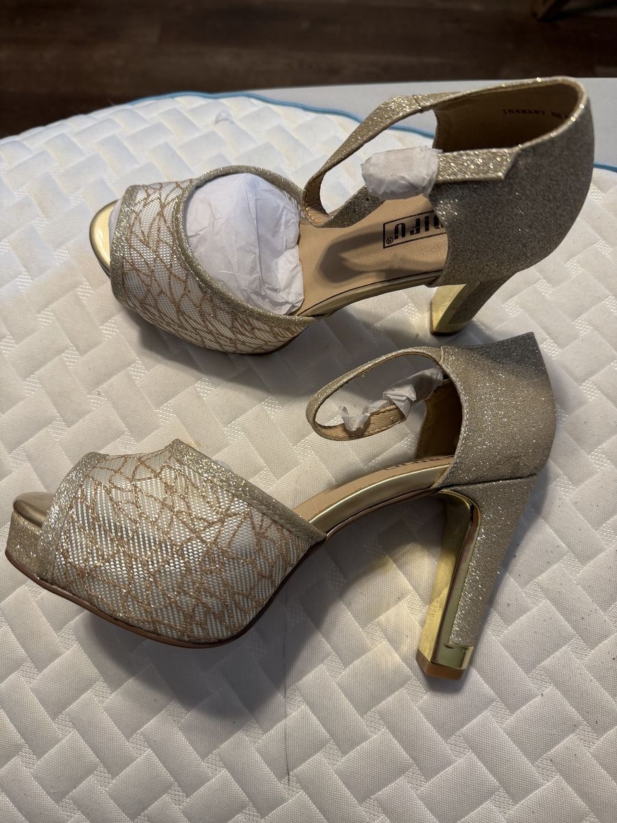 Ladifu Gold Glitter Platform Heels Evening Sandals Size 6