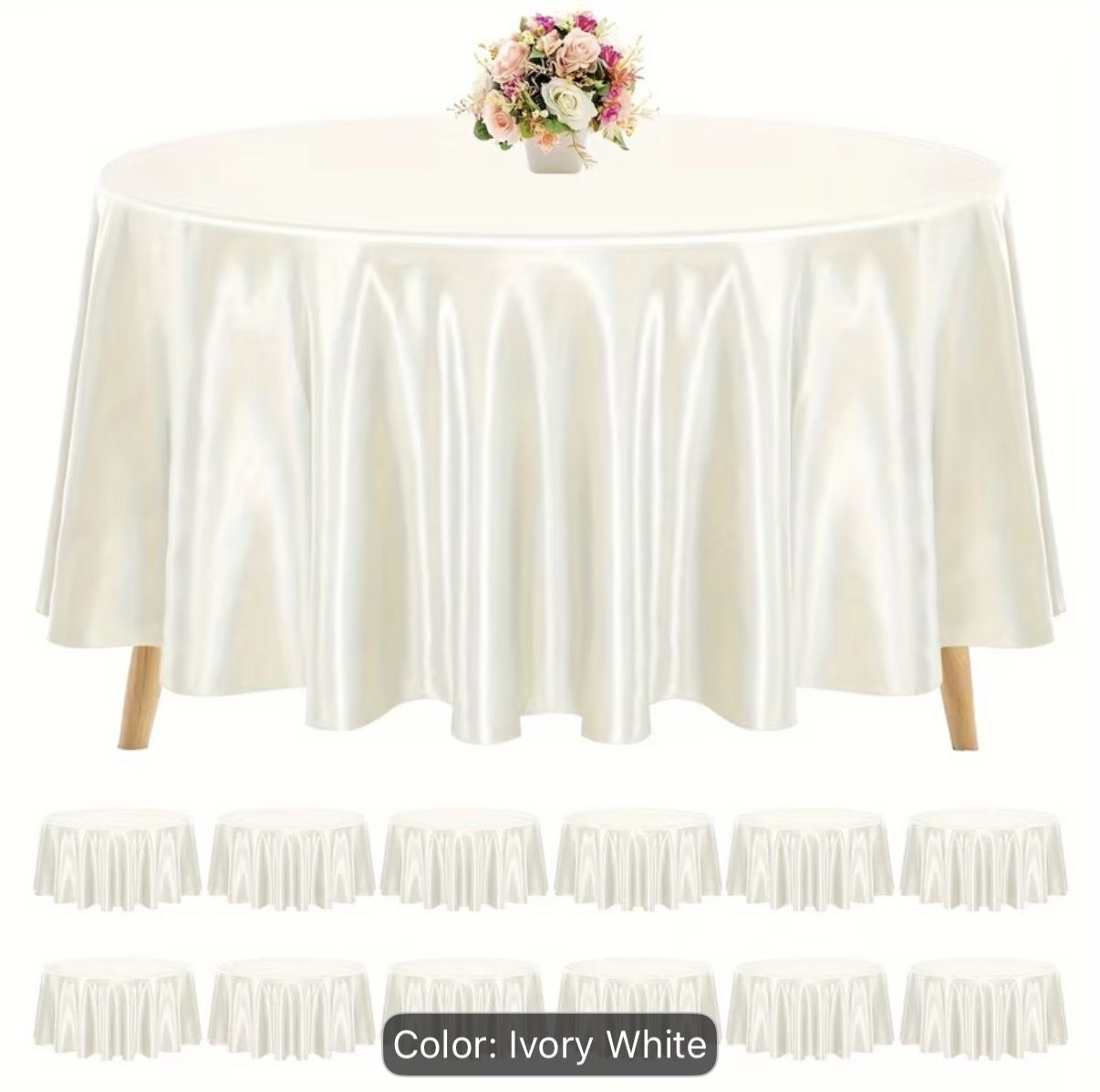 Brand new 12-pack of ivory satin 108” round tablecloths
