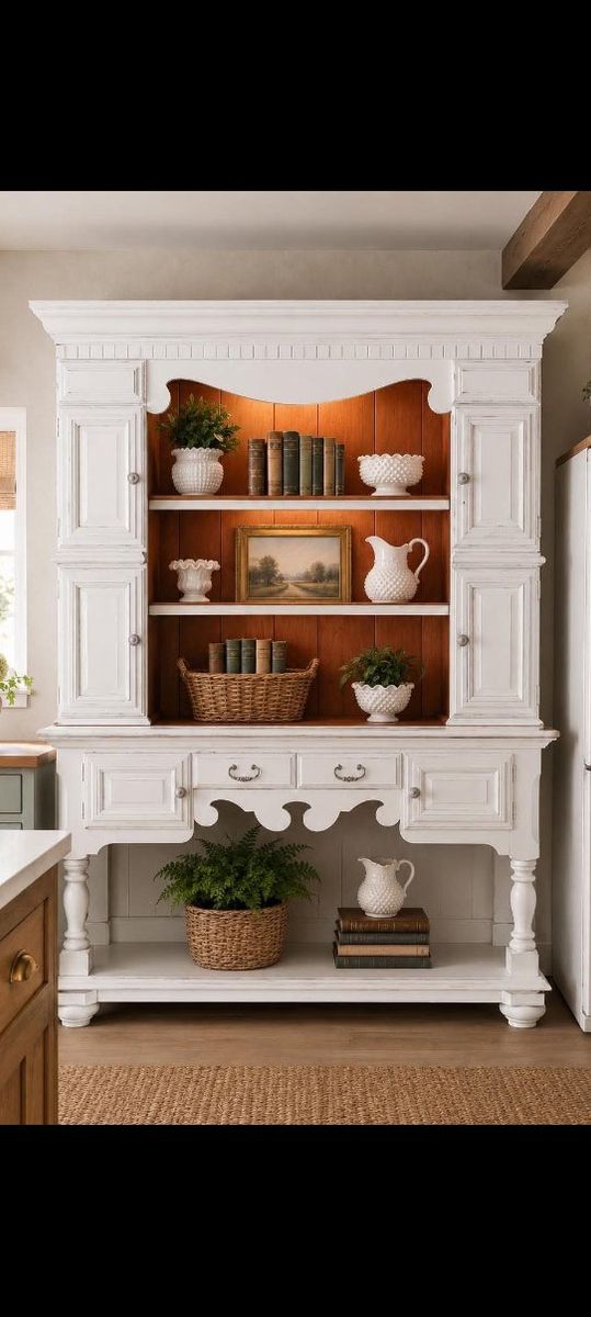 Chic Antique White China Cabinet Hutch - Shabby Chic Farmhouse Display Storage