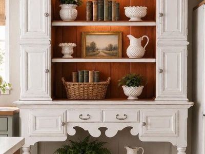 Chic Antique White China Cabinet Hutch - Shabby Chic Farmhouse Display Storage