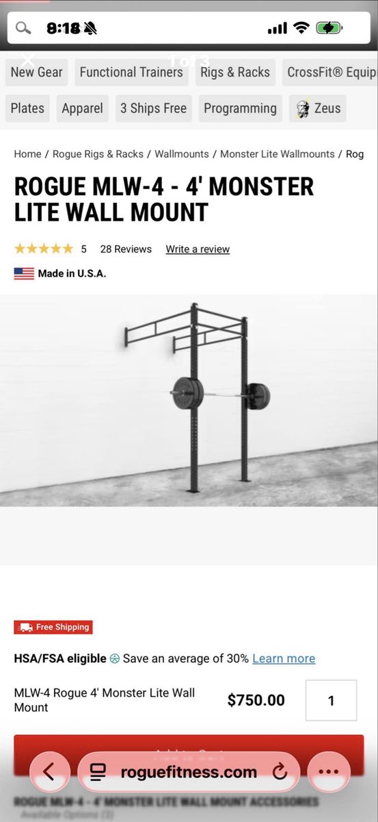 Rogue MLW-4  4’ MONSTER LITE WALL MOUNT (Pull Up Rack w/additional attachments SOLD SEPARATELY)