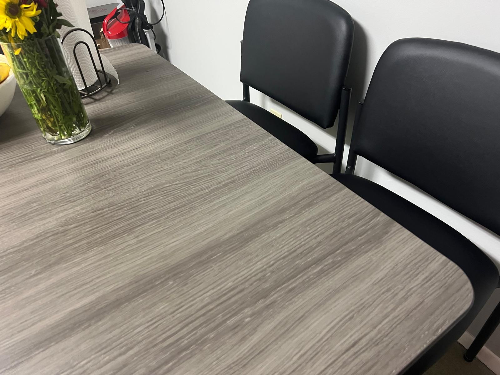 Modern Wood-Look Dining Table with 6 Black Upholstered Chairs Set