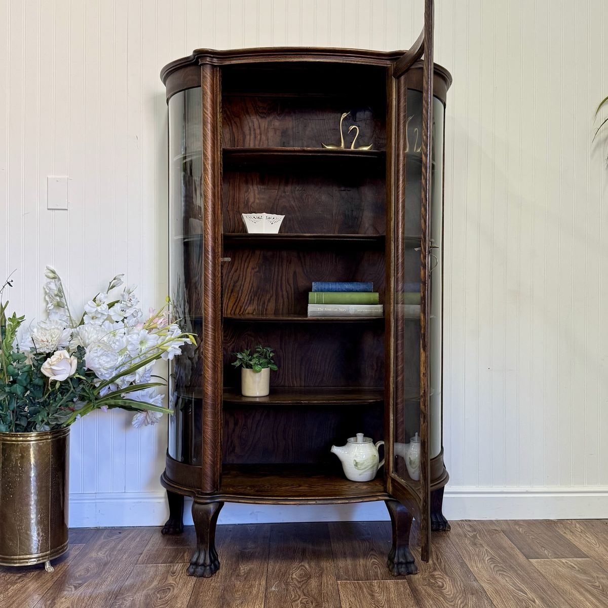 Antique Tiger Oak Curved Glass Curio Display Cabinet