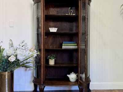 Antique Tiger Oak Curved Glass Curio Display Cabinet