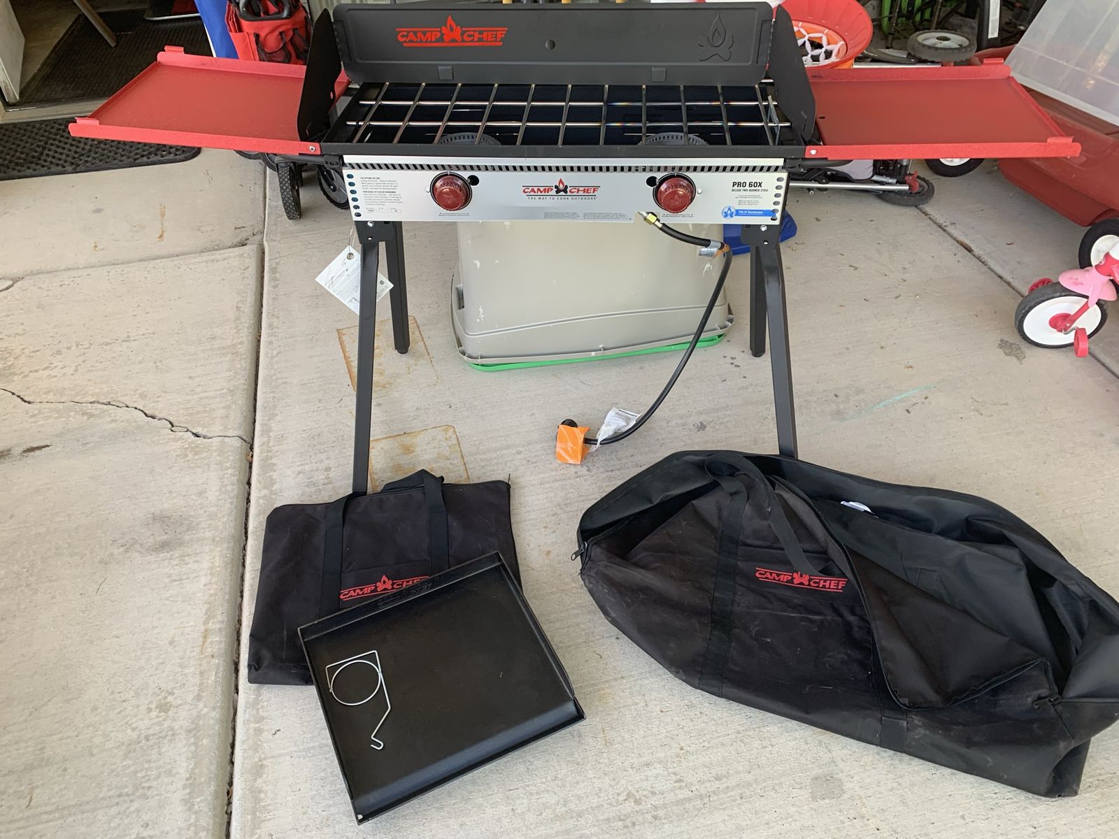 Camp Chef Pro 60X Deluxe Two-Burner Stove with Carry Bags and Griddle—Used Once