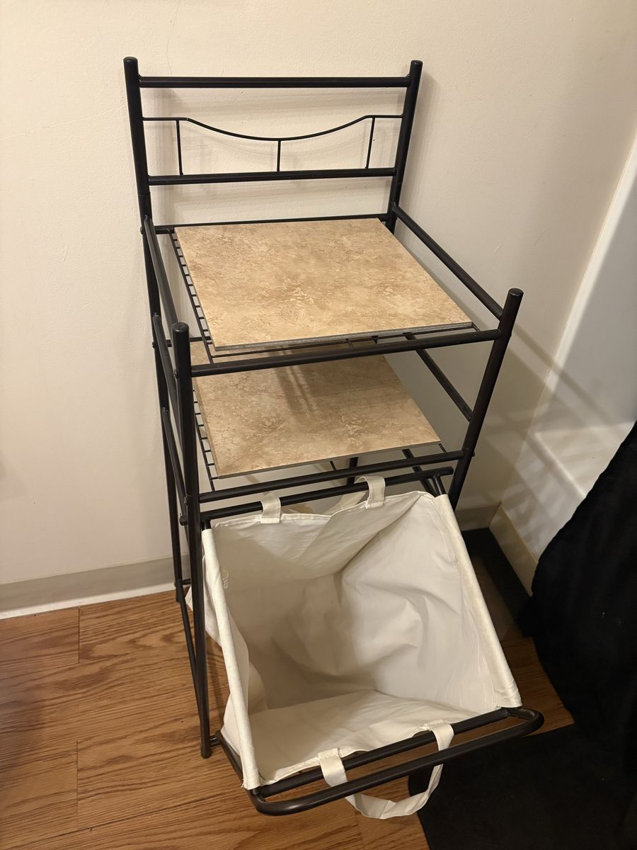 Black Metal Bathroom Space Saver Storage Rack with Tilt-Out Laundry Hamper and Shelves