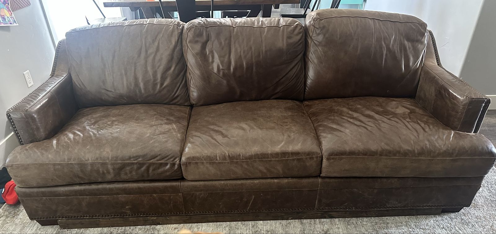 Distressed Brown Leather Sofa Couch with Nailhead Trim - 3-Seater, Classic Style