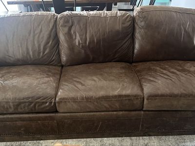 Distressed Brown Leather Sofa Couch with Nailhead Trim - 3-Seater, Classic Style